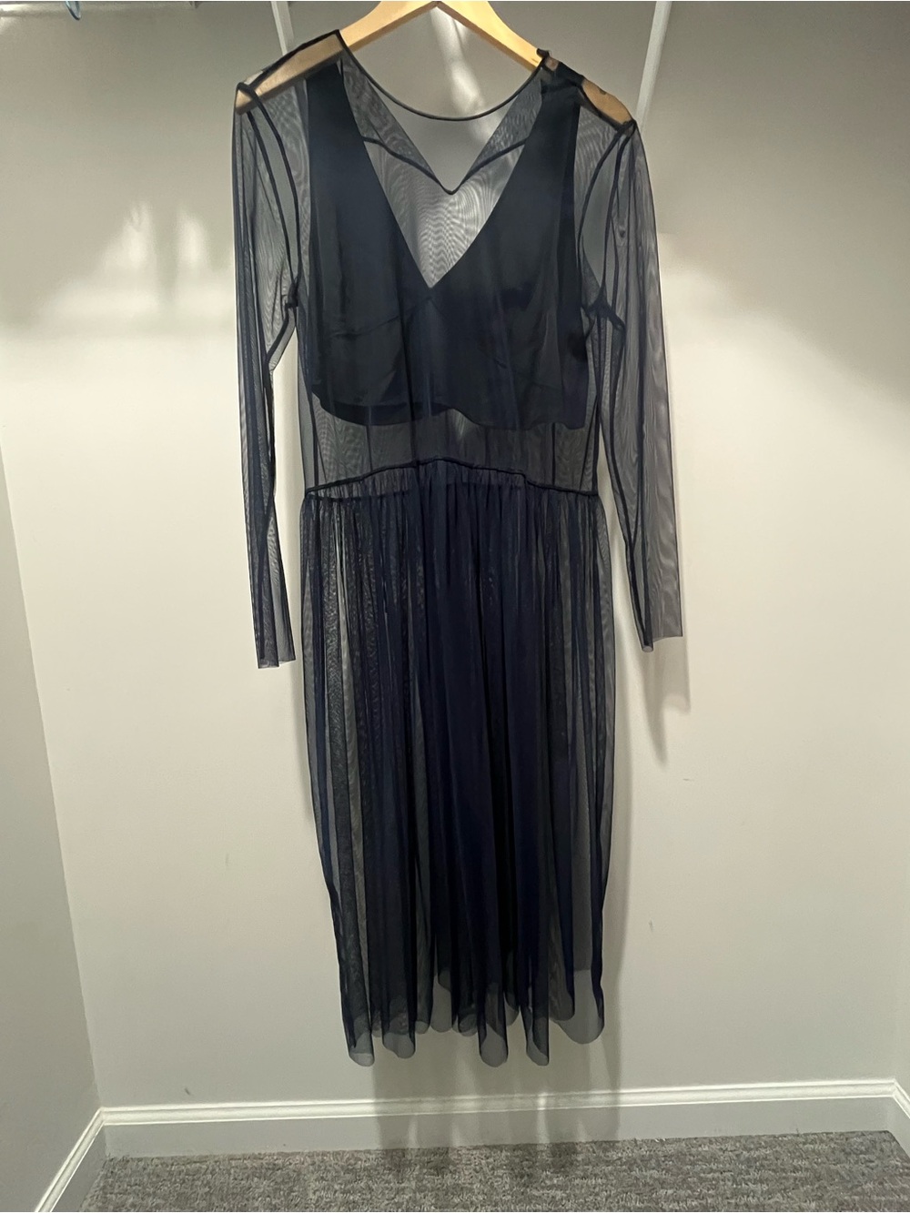 Zara Navy Sheer Long-Sleeve Mesh Midi Dress with Slip